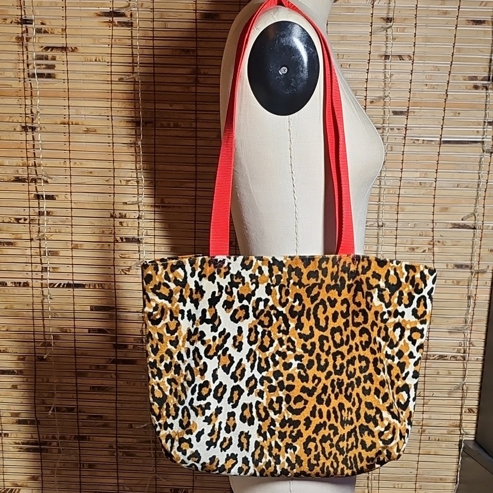 Leopard Print Tote with Red Straps